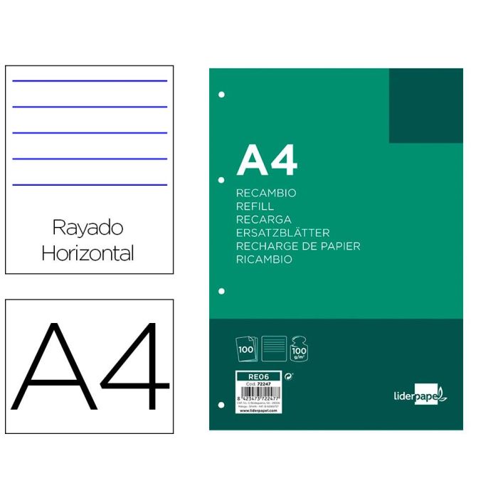 Recambio Liderpapel A4 100 Hojas 100 gr-M2 Rayado Horizontal 4 Taladros Bandas De 5 Colores 24 unidades