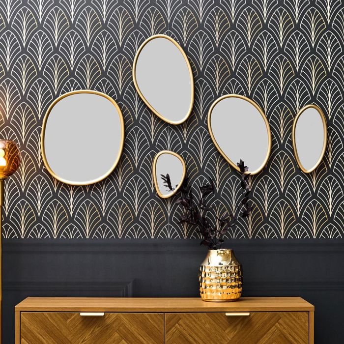 Home Deco Factory Juego de 5 Espejos Decorativos de Pared con Forma Orgánica Dorados de Vidrio y Poliestireno 1