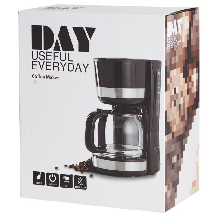 Cafetera 1.5l 1000w negra/acero inoxidable day 2