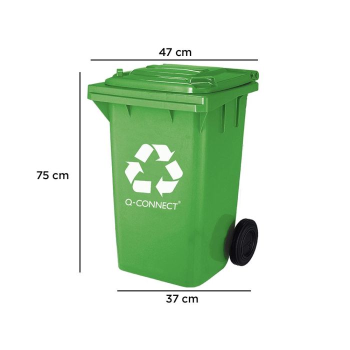 Papelera Contenedor Q-Connect Plastico Verde Para Envases De Vidrio 100 L Con Tapa Y Ruedas 750x470X370 mm 1