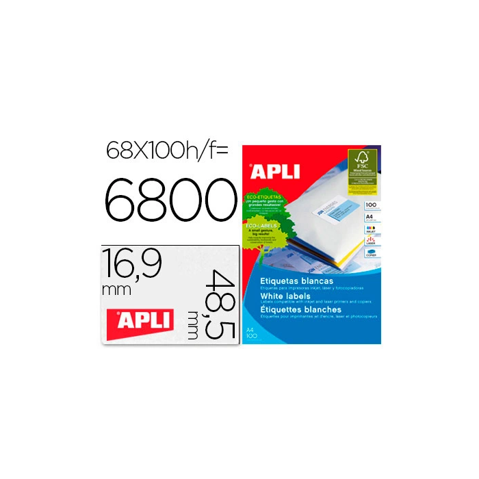 Apli Etiquetas Adhesivas C-Rectos 48,5x16,9 mm para Inkjet/Láser, 100 Hojas Blanco 0 Apli Etiquetas Adhesivas C-Rectos 48,5x16,9 mm para Inkjet/Láser, 100 Hojas Blanco 0
