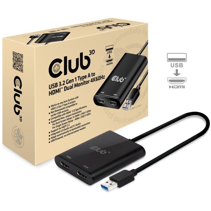 Club3D Adaptador USB-A 3.2 a HDMI 2.0 Dual Monitor 4K 60Hz - Conecta 2 pantallas 3840x2160, Plug & Play, Negro