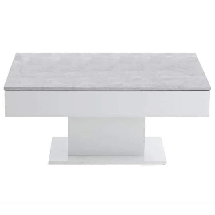 Mesa de centro bicolor con tapa corrediza - Decoración LA gris hormigón y blanco brillante - L100 x H46,1 x D65 cm - Fabricada en Alemania