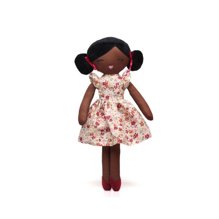 KioKids Muñeca de Trapo Morena con Vestido de Flores y Lacitos Rosas, 100% Poliéster, +10 Meses 1