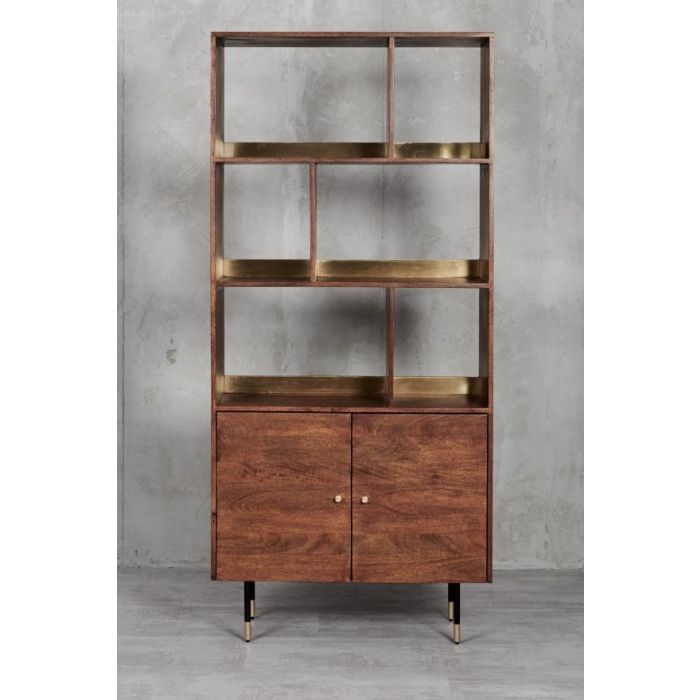 DKD Home Decor Estantería Moderno Marrón Oscuro Dorado, Metal y Madera Mango, 90x35x200cm, con 2 Puertas y 4 Estantes