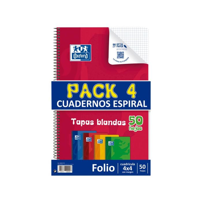 Bloc Espiral Oxford Tapa Flexible Optik Paper Folio 50 Hojas 90 gr Cuadros 4 mm Pack De 4 1