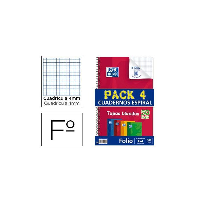 Bloc Espiral Oxford Tapa Flexible Optik Paper Folio 50 Hojas 90 gr Cuadros 4 mm Pack De 4