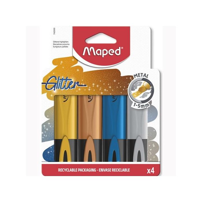 Maped marcador fluorescente glitter metal colores surtidos en estuche de 4 Maped marcador fluorescente glitter metal colores surtidos en estuche de 4