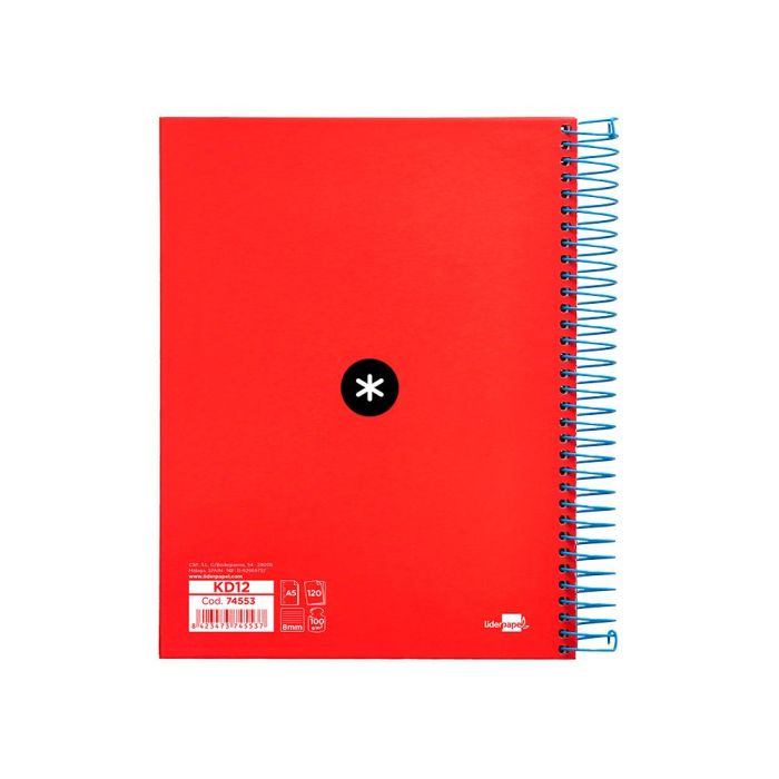 Cuaderno Espiral A5 Micro Antartik Tapa Forrada 120H 90 gr Horizontal 5 Bandas 6 Taladros Color Rojo 2