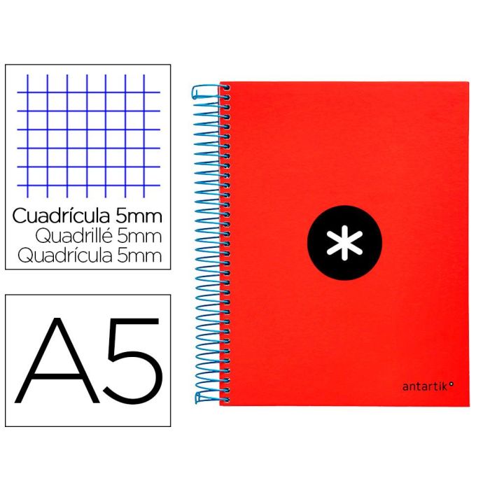 Cuaderno Espiral A5 Micro Antartik Tapa Forrada120H 90 gr Cuadro 5 mm 5 Bandas6 Taladros Color Rojo