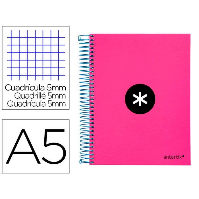 Cuaderno Espiral A5 Micro Antartik Tapa Forrada 120H 90 gr Cuadro 5 mm 5 Banda S 6 Taladros Color Rosa