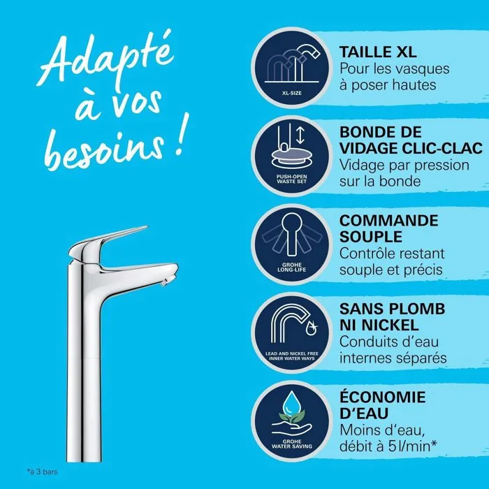 Grohe 24331001 Mezclador Monomando de Lavabo Cromo Alto Tamaño XL Ahorro Agua Desagüe Click-Clack 3