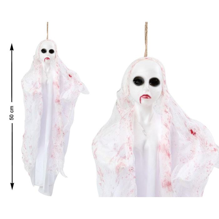 Colgante Fantasma Blanco 50 cm con Capa Ensangrentada y Ojos Negros - Decoración Halloween