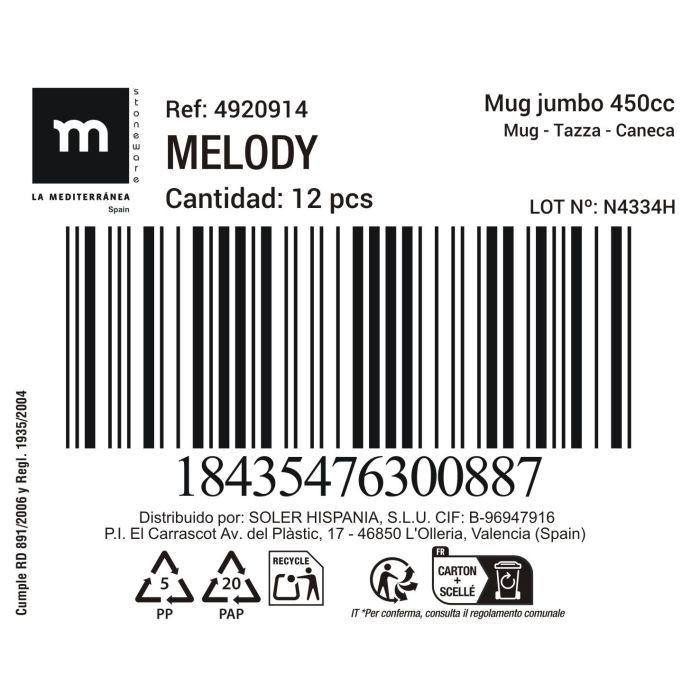 Mug Jumbo 450 cc Melody - Inde (36 Unidades) 1 Mug Jumbo 450 cc Melody - Inde (36 Unidades) 1