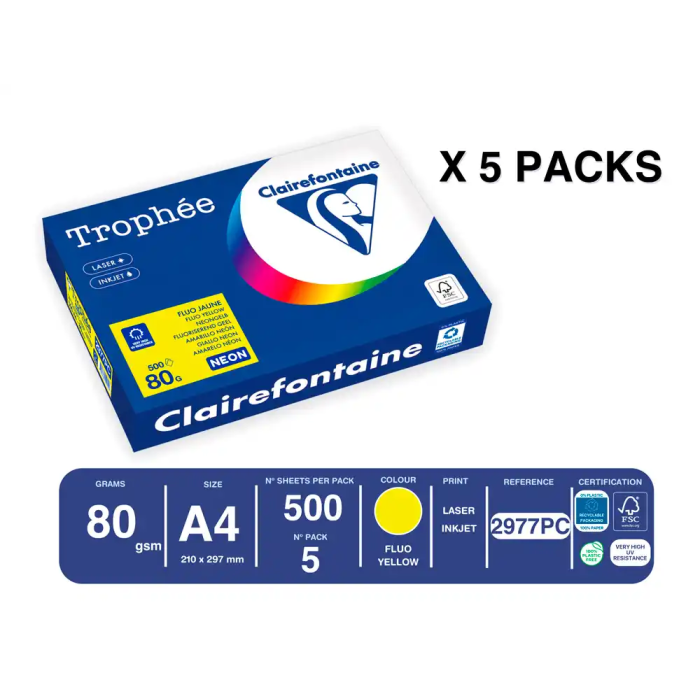 Trophee Papel Color A4 80gr Amarillo Neón, Paquete 500 Hojas 1