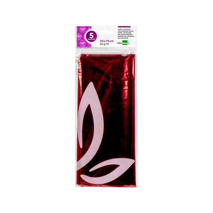 Papel Celofan Liderpapel 50x70 cm 22 gr-M2 Bolsa De 5 Hojas Rojo 1