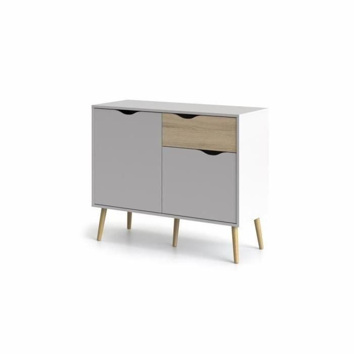 Cómoda con 2 puertas, 1 cajón - Blanco / Roble - Base acampanada de madera maciza - 98,7 x 39,1 x 81,7 cm - TVILUM