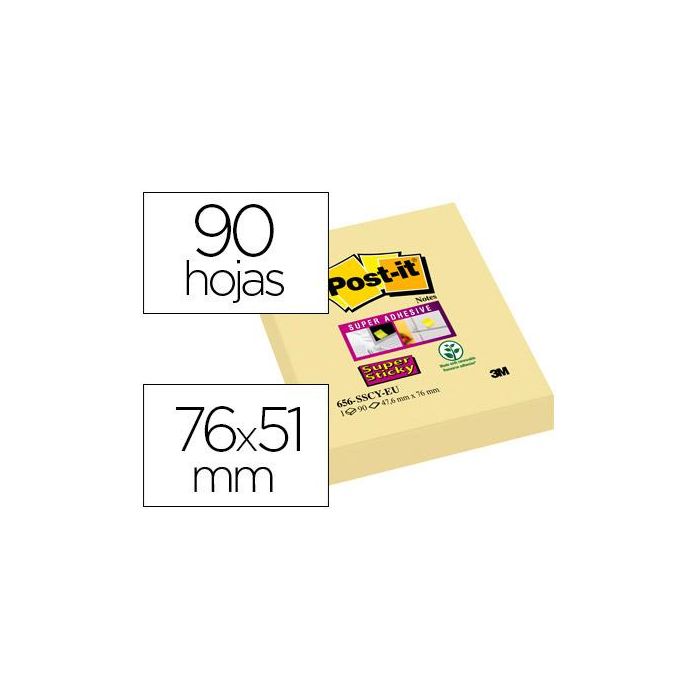 Bloc De Notas Adhesivas Quita Y Pon Post-It Super Sticky 51x78 mm Con 90 Hojas Amarillo Canario 12 unidades