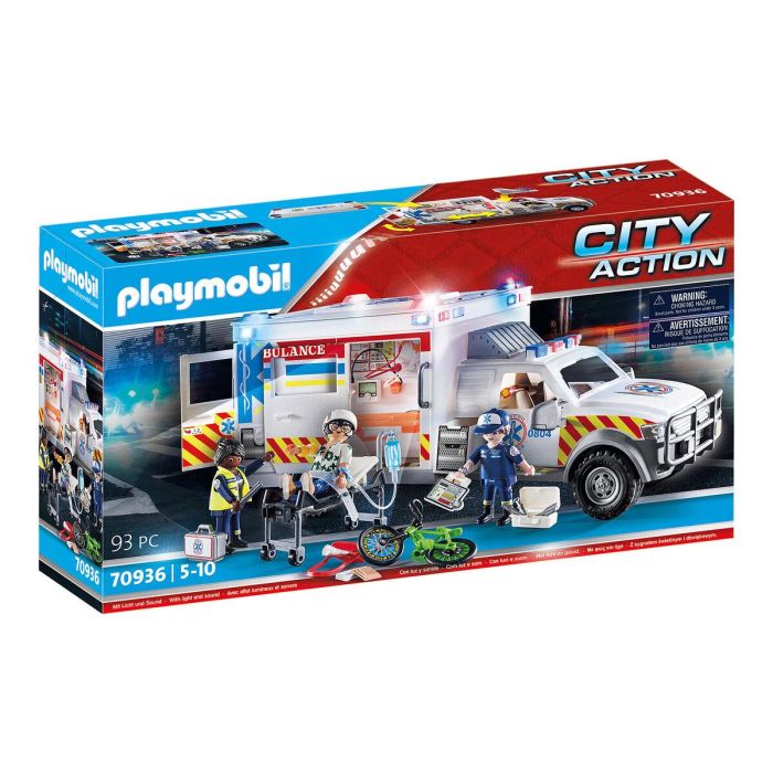 Playmobil 70936 Ambulancia de Rescate con Rescatistas y Figuras de Heridos, Sirena Americana, Luces LED y Monitores Médicos