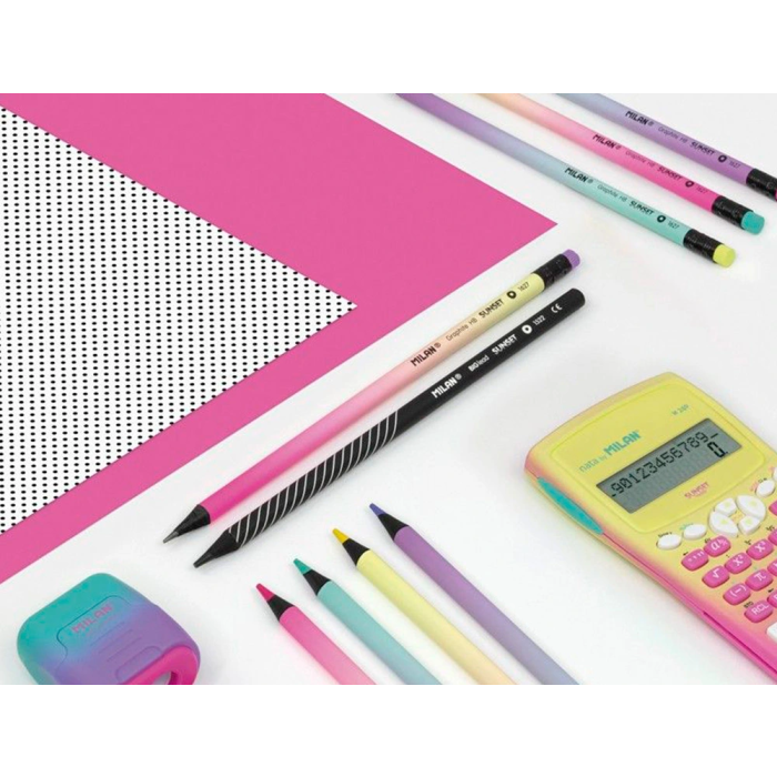 Milan Lápices de Grafito HB Serie Sunset Madera Negra Tilo con Goma de Borrar Colores Surtidos 6 Lápices por Color Dureza Media Mina 2.2mm LPS 5