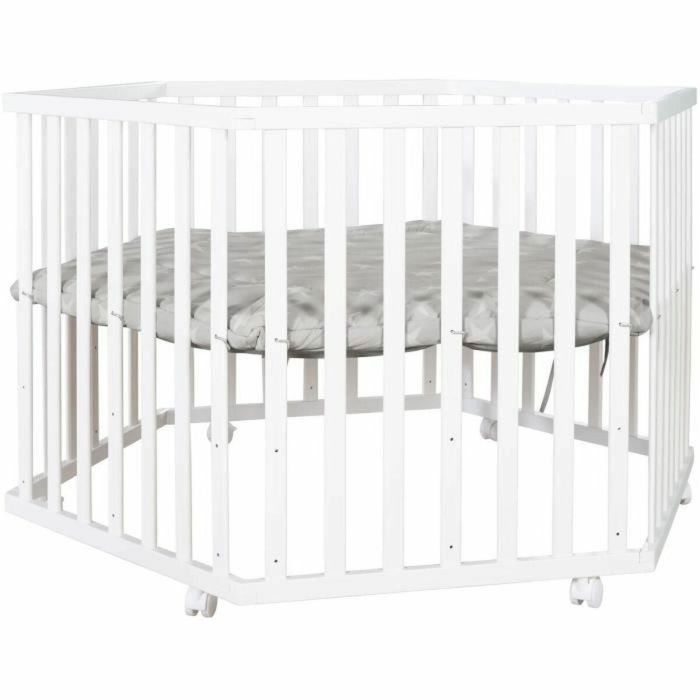 Roba AAAIG92169 Parque infantil hexagonal de madera lacada en blanco LITTLE STARS, altura regulable, funda acolchada, ruedas con freno. 5