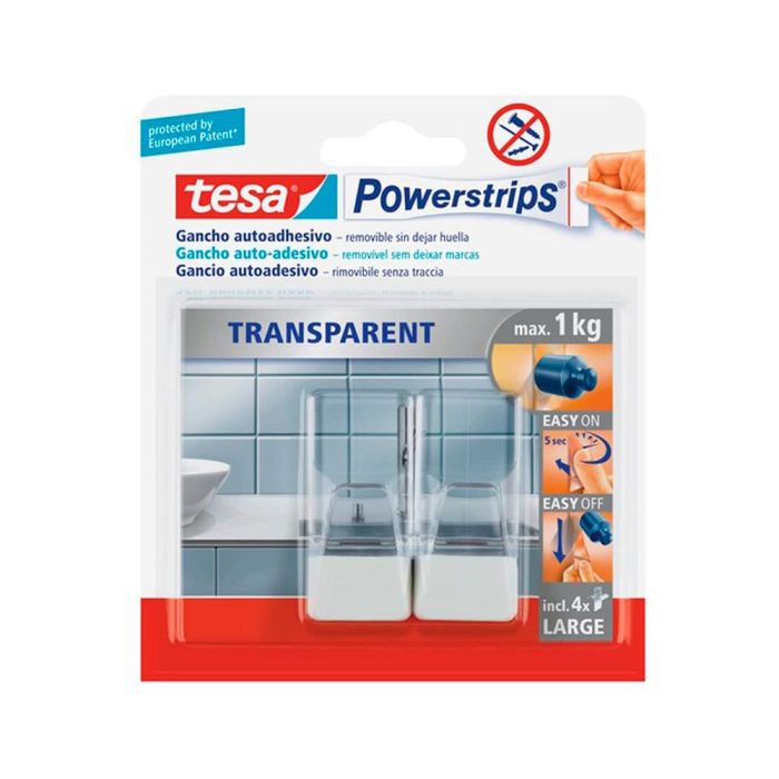 Gancho Autoadhesivo Tesa Powerstrips Grande Transparente-Acero + Tiras Sujecion Hasta 1 kg 1 Gancho Autoadhesivo Tesa Powerstrips Grande Transparente-Acero + Tiras Sujecion Hasta 1 kg 1