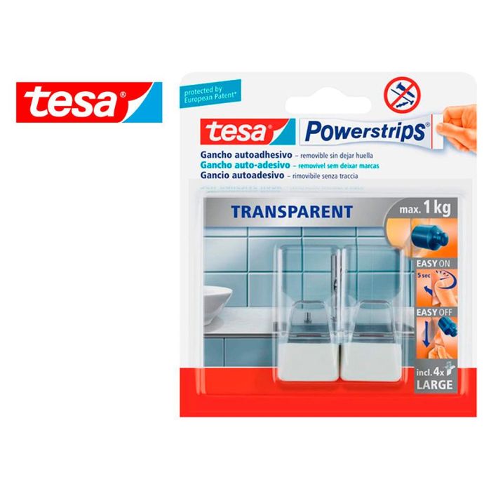 Gancho Autoadhesivo Tesa Powerstrips Grande Transparente-Acero + Tiras Sujecion Hasta 1 kg 0 Gancho Autoadhesivo Tesa Powerstrips Grande Transparente-Acero + Tiras Sujecion Hasta 1 kg 0