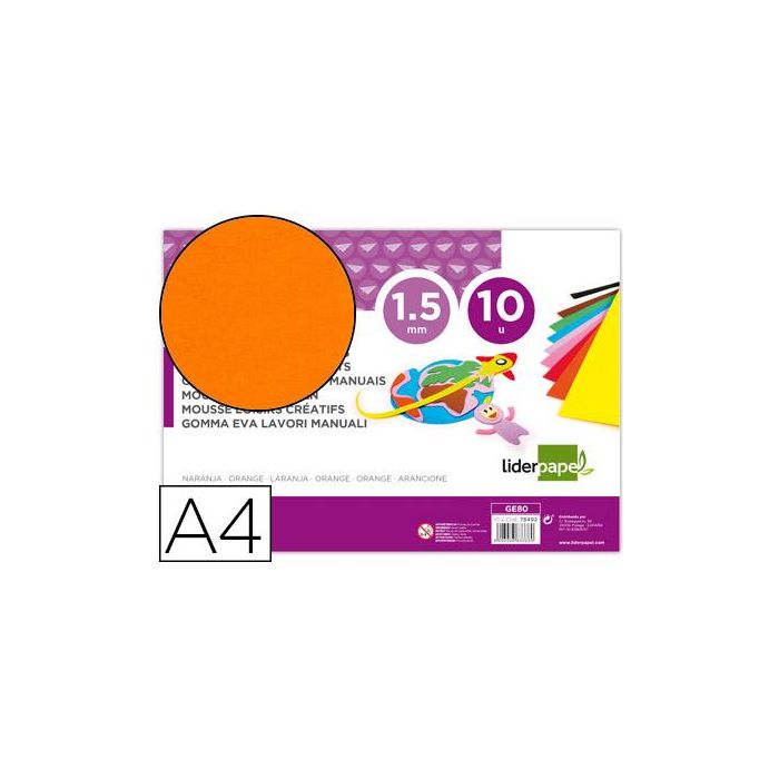 Goma Eva Liderpapel Din A4 60 gr-M2 Espesor 1,5 mm Naranja Paquete De 10 Hojas