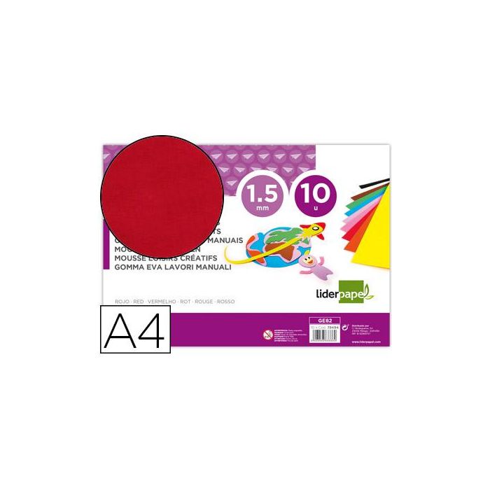 Goma Eva Liderpapel Din A4 60 gr-M2 Espesor 1,5 mm Rojo Paquete De 10 Hojas