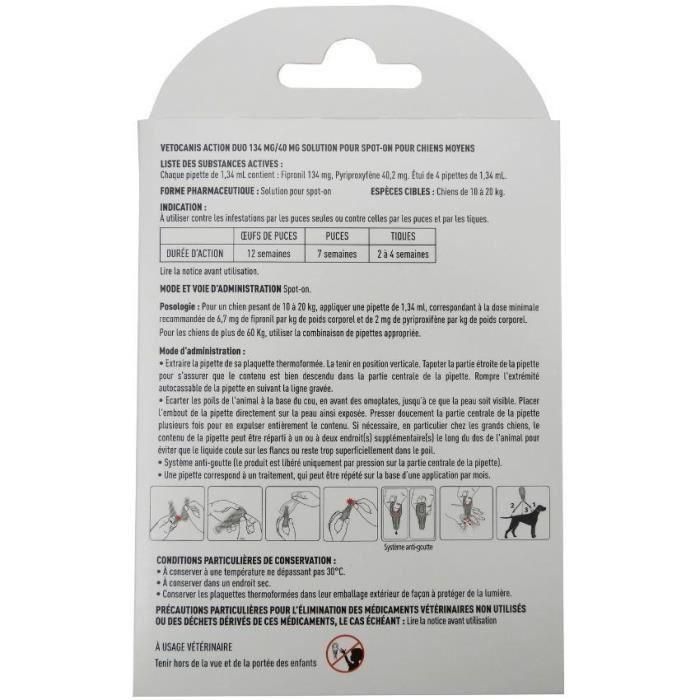 Vetocanis VET3428170006979 Pipetas x4 para Perros Medianos Antipulgas y Garrapatas Duo 134mg/40mg 2