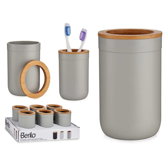 Berilo Portacepillos con Tapa de Bambú Gris, 7.7x11.5x7.7 cm (Set de 12)
