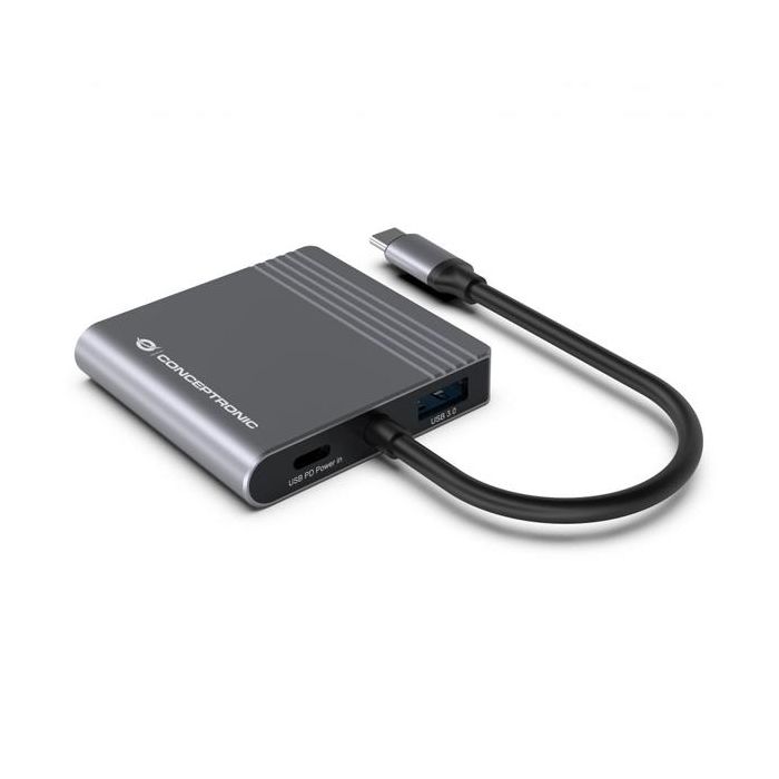 Conceptronic DONN13GR Hub USB Tipo C con HDMI, USB-C PD y USB 3.0 para MacBook, Chromebook y más, 4 en 1 1