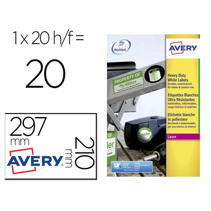 Etiqueta Adhesiva Resistente Avery Poliester Blanca 210x297 mm Laser Pack De 20 Unidades