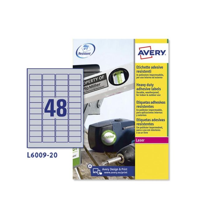 Etiqueta Adhesiva Resistente Avery Poliester Plata 1,2 mm 45,7x21,2 mm Laser Pack De 960Unidades