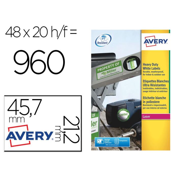 Etiqueta Adhesiva Resistente Avery Poliester Plata 1,2 mm 45,7x21,2 mm Laser Pack De 960Unidades