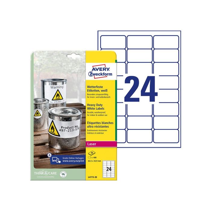 Etiqueta Adhesiva Resistente Avery Poliester Blanco 3,9 mm 63,5x33,9 mm Laser Pack De 480Unidades 1