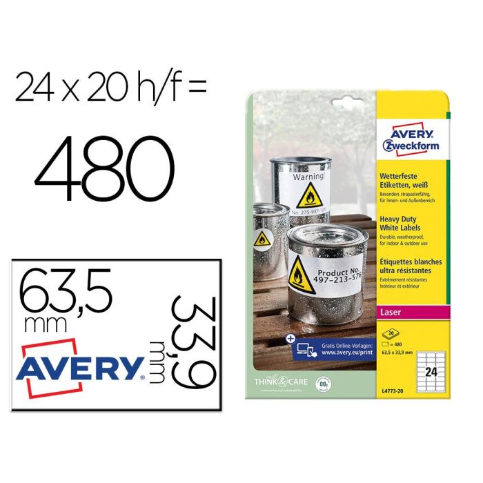 Etiqueta Adhesiva Resistente Avery Poliester Blanco 3,9 mm 63,5x33,9 mm Laser Pack De 480Unidades