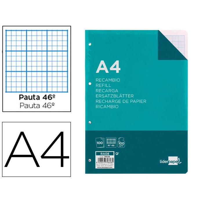 Recambio Liderpapel A4 100 Hojas 100 gr-M2 Rayado Nº 46 4 Taladros 24 unidades