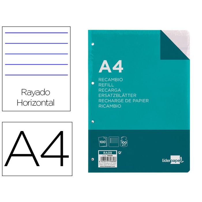 Recambio Liderpapel A4 100 Hojas 100 gr-M2 Rayado Horizontal Con Margen 4 Taladros 24 unidades