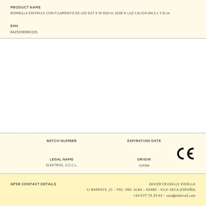 Edm Bombilla Esferica con Filamento de Led E27 4W 500 lm 3200K Luz Calida Ø4,5 x 7,8 cm