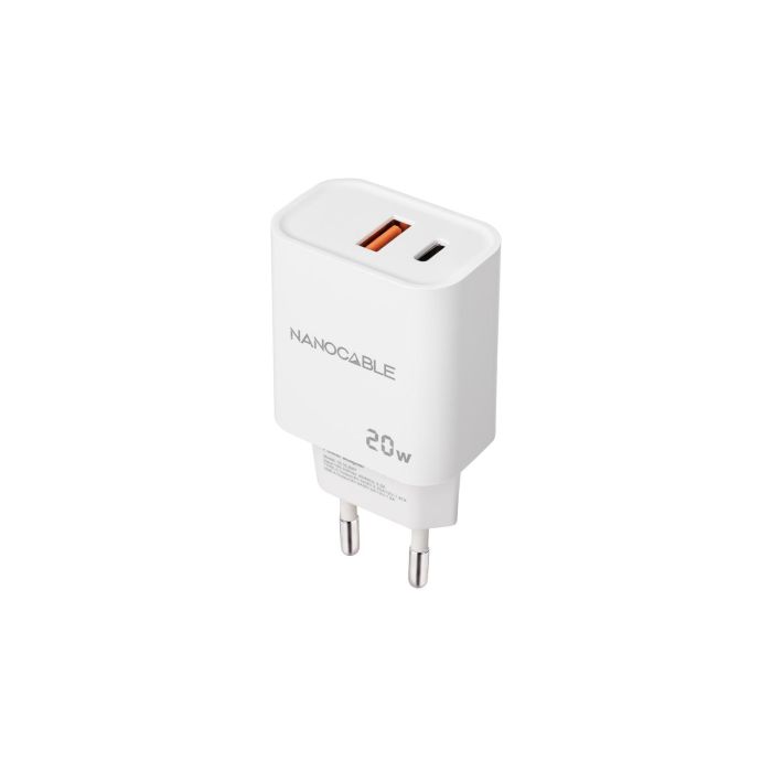 CARGADOR USB PARED NANO CABLE USB-C/PD + USB-A/QC 20W BLANCO