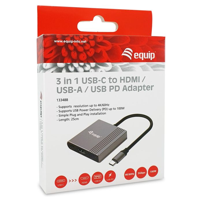 Equip Adaptador 3in1 USB-C 1xHDMI 4K/60Hz 1xUSB-A 1xUSB-C Alimentacion 100WCable 25cm Carcasa Aluminio