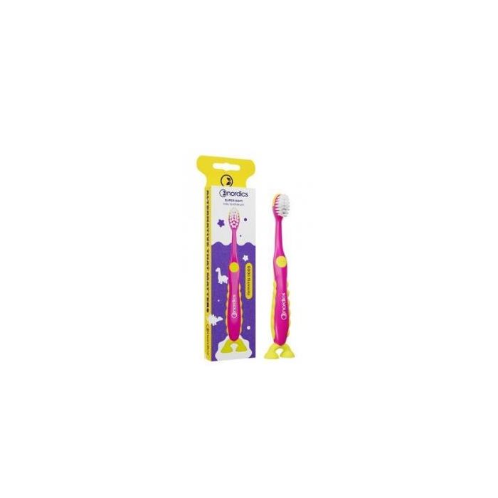 NORDICS ORAL CARE 6.900 Cepillo Dental para Niños 2+ Años, Filamentos Ultrasuaves, Diseño Dinosaurio Rosa, Mango Ergonómico