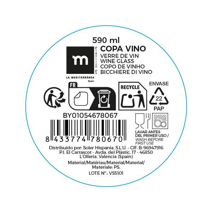 Inde Copa Vino 590 ml Ps La Mediterranea 21.1 cm alto x 9.6 cm ancho x 6.5 cm largo 5