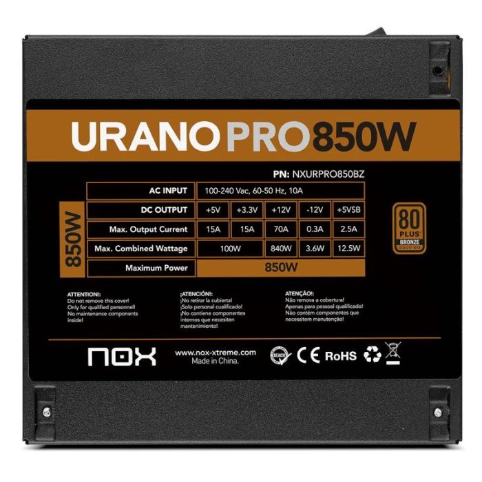 NOX Fuente Alimentación Urano PRO 750W NXURPRO750BZWH 80+ Bronze ATX PFC Activo 12cm 2