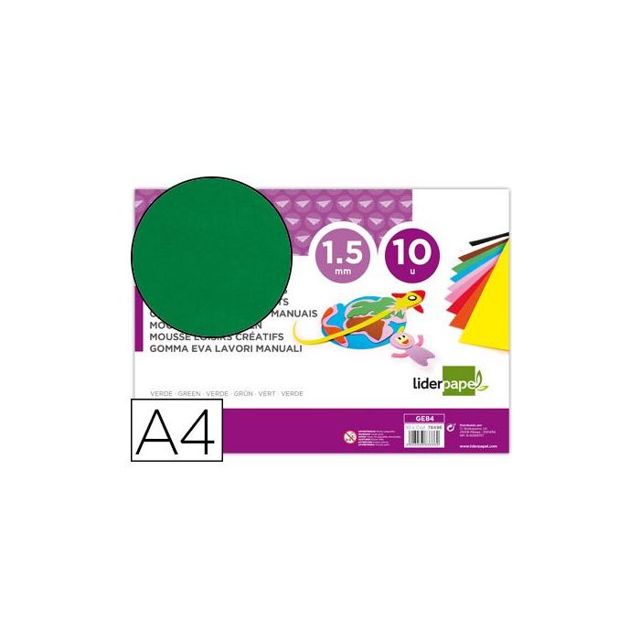 Goma Eva Liderpapel Din A4 60 gr-M2 Espesor 1,5 mm Verde Paquete De 10 Hojas