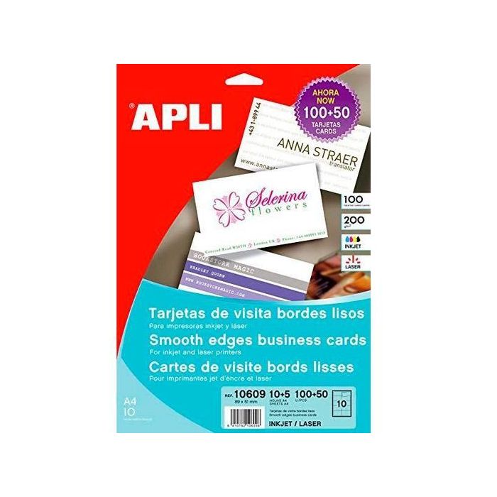 Apli Tarjetas Visita Blanco Para Inkjet, Láser Y Fotocopiadoras - 210 X 297 mm - Bordes Lisos 200 gr 15 Hojas