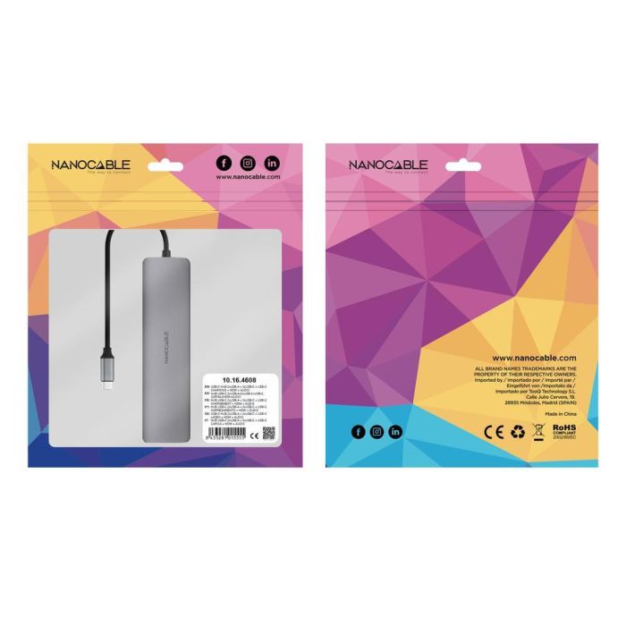 Nanocable 10.16.4608 Hub USB-C 8 en 1 Estación Acoplamiento 2x USB-A 3.0, 3x USB-C 3.0, HDMI 4K 60Hz, Jack 3.5mm, PD 100W, Gris Aluminio 4