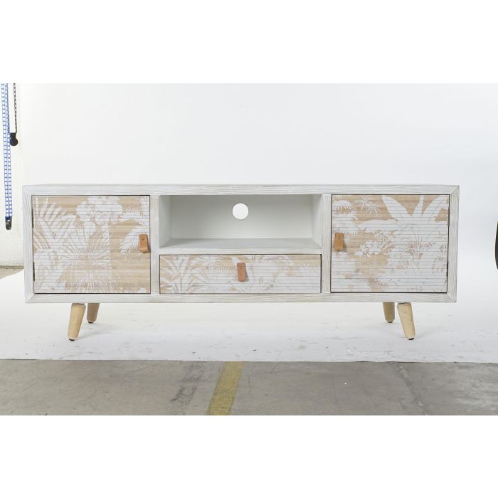 DKD Home Decor Mueble TV Tropical Decapé Madera y Bambú Blanco Colección Whitepalm con Palmeras 140x40x51 cm, 1 Cajón y 2 Puertas 5 DKD Home Decor Mueble TV Tropical Decapé Madera y Bambú Blanco Colección Whitepalm con Palmeras 140x40x51 cm, 1 Cajón y 2 Puertas 5