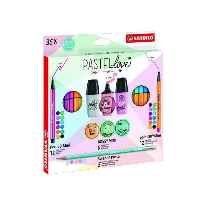 Stabilo Set Pastellove Collection: Rotuladores Pen 68 Mini, Point 88 Mini, Marcadores Boss y Lápices Swano - 35 Unidades Surtidas